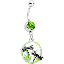 Load image into Gallery viewer, Green Gem Grassy Garden Hoop Dragonfly Dangle Belly Ring
