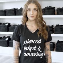 Load image into Gallery viewer, Pierced Inked &amp; Amazing Black Tapered V-Neck Tee Shirt
