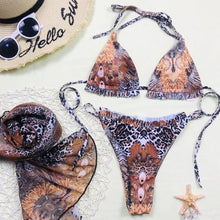 Load image into Gallery viewer, Print Swimsuit 3 Piece Mesh Bikini Set  Women's Ribbed Floral Bikini Set Tie Side Swimsuit Cover Ups Daisy Butterfly Print Three Piece Bikini Swimwear Triangle Micro Bikini String Halter Swimwear Women Low Waist Bathing Suit
