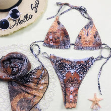 Load image into Gallery viewer, Print Swimsuit 3 Piece Mesh Bikini Set  Women's Ribbed Floral Bikini Set Tie Side Swimsuit Cover Ups Daisy Butterfly Print Three Piece Bikini Swimwear Triangle Micro Bikini String Halter Swimwear Women Low Waist Bathing Suit
