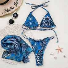 Load image into Gallery viewer, Print Swimsuit 3 Piece Mesh Bikini Set  Women's Ribbed Floral Bikini Set Tie Side Swimsuit Cover Ups Daisy Butterfly Print Three Piece Bikini Swimwear Triangle Micro Bikini String Halter Swimwear Women Low Waist Bathing Suit
