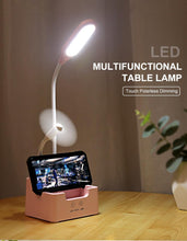Load image into Gallery viewer, Rechargeable Led Table Lamp With Fan Touch Dimmable Desk Lamp Eye protection Reading Light For Kid With Phone Hoder Pen Holder Decorative Table Lamp Cute Study Lamps for Bedroom Décor
