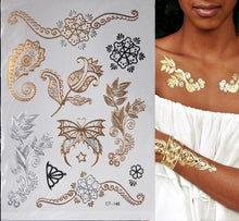 Load image into Gallery viewer, Luxury Flash Metallic Waterproof Temporary Tattoo Gold Silver Flower Tattoo Sticker Long Lasting Gold Design For Womens
