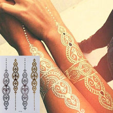 Load image into Gallery viewer, Luxury Flash Metallic Waterproof Temporary Tattoo Gold Silver Flower Tattoo Sticker Long Lasting Gold Design For Womens
