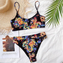 Load image into Gallery viewer, Modern Blue High Waist Bikini Push Up Swimwear Women Dragon Printed Bikini Set Retro Swimsuit Women's High Waist Bikini Swimsuits Twist Push Up Two Piece Bathing Suits Tummy Control Swimwear
