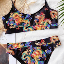 Load image into Gallery viewer, Modern Blue High Waist Bikini Push Up Swimwear Women Dragon Printed Bikini Set Retro Swimsuit Women's High Waist Bikini Swimsuits Twist Push Up Two Piece Bathing Suits Tummy Control Swimwear

