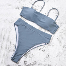 Load image into Gallery viewer, Bikinis Solid Push Up Bikini Padded Bra Straps High Waist Swimsuit Female Swimwear Women's Bathing Suit Lace up Bikini Ribbed Two Piece Swimsuit
