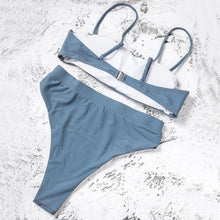 Load image into Gallery viewer, Bikinis Solid Push Up Bikini Padded Bra Straps High Waist Swimsuit Female Swimwear Women's Bathing Suit Lace up Bikini Ribbed Two Piece Swimsuit
