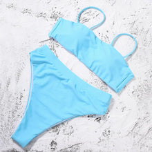 Load image into Gallery viewer, Bikinis Solid Push Up Bikini Padded Bra Straps High Waist Swimsuit Female Swimwear Women's Bathing Suit Lace up Bikini Ribbed Two Piece Swimsuit
