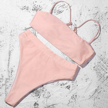 Load image into Gallery viewer, Bikinis Solid Push Up Bikini Padded Bra Straps High Waist Swimsuit Female Swimwear Women's Bathing Suit Lace up Bikini Ribbed Two Piece Swimsuit
