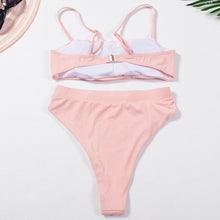 Load image into Gallery viewer, Bikinis Solid Push Up Bikini Padded Bra Straps High Waist Swimsuit Female Swimwear Women's Bathing Suit Lace up Bikini Ribbed Two Piece Swimsuit
