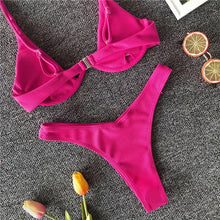 Load image into Gallery viewer, Neon V-bar Underwired Bikini Female Ribbed Swimsuit Women Swimwear Two-pieces Bikini set Push up Bathing Suit
