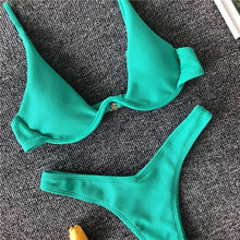 Load image into Gallery viewer, Neon V-bar Underwired Bikini Female Ribbed Swimsuit Women Swimwear Two-pieces Bikini set Push up Bathing Suit
