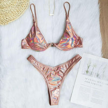 Load image into Gallery viewer, Neon V-bar Underwired Bikini Female Ribbed Swimsuit Women Swimwear Two-pieces Bikini set Push up Bathing Suit
