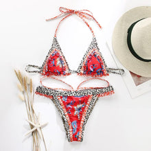 Load image into Gallery viewer, Handwork Bikinis Small Ruffle Swimsuit Vintage Print Swimwear Women Bathing Suit Leopard Patchwork Bikini Set String
