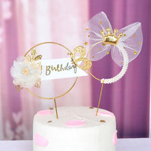 Load image into Gallery viewer, 1Pcs Metal Happy Birthday Cake Topper Artificial flowers Cake Toppers Happy Birthday Cake Topper Metal And Acrylic Cake Decoration With Pink Artificial Flower Cluster For DIY Baby Shower Birthday Party Decoration Baking Decor
