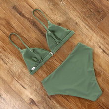 Load image into Gallery viewer, Bikini Swimwear Swimsuit Women Solid Bathing Suit Bikini Set With Pad Female High Waist Beachwear Women Bikini Swimsuits 2 Piece Deep V Neck Swimwear Adjustable Strap Back Bathing Suits
