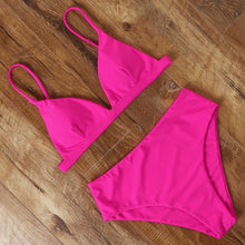 Load image into Gallery viewer, Bikini Swimwear Swimsuit Women Solid Bathing Suit Bikini Set With Pad Female High Waist Beachwear Women Bikini Swimsuits 2 Piece Deep V Neck Swimwear Adjustable Strap Back Bathing Suits
