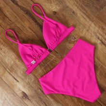 Load image into Gallery viewer, Bikini Swimwear Swimsuit Women Solid Bathing Suit Bikini Set With Pad Female High Waist Beachwear Women Bikini Swimsuits 2 Piece Deep V Neck Swimwear Adjustable Strap Back Bathing Suits
