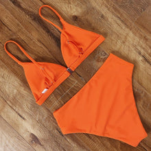 Load image into Gallery viewer, Bikini Swimwear Swimsuit Women Solid Bathing Suit Bikini Set With Pad Female High Waist Beachwear Women Bikini Swimsuits 2 Piece Deep V Neck Swimwear Adjustable Strap Back Bathing Suits
