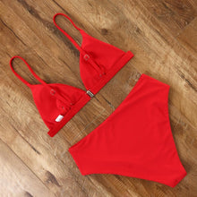 Load image into Gallery viewer, Bikini Swimwear Swimsuit Women Solid Bathing Suit Bikini Set With Pad Female High Waist Beachwear Women Bikini Swimsuits 2 Piece Deep V Neck Swimwear Adjustable Strap Back Bathing Suits
