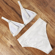 Load image into Gallery viewer, Bikini Swimwear Swimsuit Women Solid Bathing Suit Bikini Set With Pad Female High Waist Beachwear Women Bikini Swimsuits 2 Piece Deep V Neck Swimwear Adjustable Strap Back Bathing Suits
