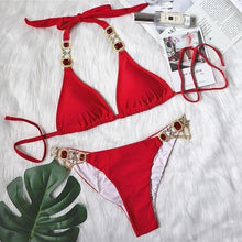 Load image into Gallery viewer, Luxury Purple Halter Crystal Diamond Bikini Female Swimsuit Women Swimwear Rhinestone Bikini Set Bathing Suit Women's Swimwear Rhinestone Halter Low Waist Tie Side Bikini Set 2 Pieces Crystal Diamond Swimsuit
