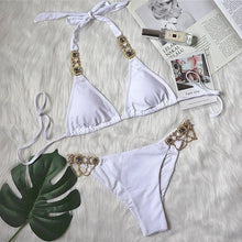 Load image into Gallery viewer, Luxury Purple Halter Crystal Diamond Bikini Female Swimsuit Women Swimwear Rhinestone Bikini Set Bathing Suit Women's Swimwear Rhinestone Halter Low Waist Tie Side Bikini Set 2 Pieces Crystal Diamond Swimsuit
