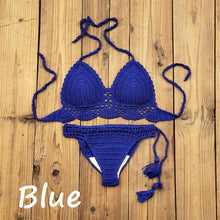 Load image into Gallery viewer, Summer Hand Crochet Women Swimwear Crop Top Push Up Bikini Set Beach Swimsuit Suit Tassel Swim Beach Beachwear Bikini Bra Bikini Swimsuit Women Beach Crochet Crop Summer Halter Bikini
