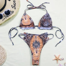 Load image into Gallery viewer, Print Swimsuit 3 Piece Mesh Bikini Set  Women's Ribbed Floral Bikini Set Tie Side Swimsuit Cover Ups Daisy Butterfly Print Three Piece Bikini Swimwear Triangle Micro Bikini String Halter Swimwear Women Low Waist Bathing Suit
