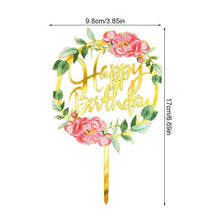 Load image into Gallery viewer, 1Pcs Metal Happy Birthday Cake Topper Artificial flowers Cake Toppers Happy Birthday Cake Topper Metal And Acrylic Cake Decoration With Pink Artificial Flower Cluster For DIY Baby Shower Birthday Party Decoration Baking Decor

