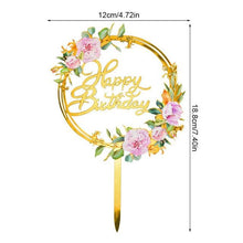 Load image into Gallery viewer, 1Pcs Metal Happy Birthday Cake Topper Artificial flowers Cake Toppers Happy Birthday Cake Topper Metal And Acrylic Cake Decoration With Pink Artificial Flower Cluster For DIY Baby Shower Birthday Party Decoration Baking Decor
