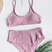Load image into Gallery viewer, Glitter Sparkling Female Swimsuit High Waist Bikini Women's High Waist Bikinis Party Glitter Scoop Neck Crop Top Swimsuits Two Piece Bathing Suit Women Swimwear Two-pieces Bikini Set Summer Swim Suit
