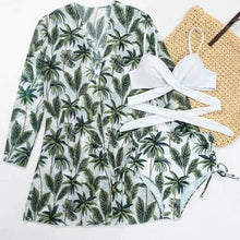 Load image into Gallery viewer, Summer Floral Print Bikini Swimsuit Women 3 Piece High-Waist Bikini Set Swimwear Female Push-Up Bathing Suit Tropical High Waist Wrap Swimsuit With Beach Cover Ups Soft And Breathable Summer Bikini
