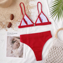 Load image into Gallery viewer, Bikini Swimwear Swimsuit Women Solid Bathing Suit Bikini Set With Pad Female High Waist Beachwear Women Bikini Swimsuits 2 Piece Deep V Neck Swimwear Adjustable Strap Back Bathing Suits
