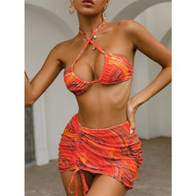Load image into Gallery viewer, High Waist Mesh Skirt Swimsuit Triangle Micro Bikini Set 3-Piece High Cut Swimwear Women's Bikini Swimsuits With Wrap Skirt, 3 Pieces Strings High Cut Bikini Set Bathing Suits Women Vintage Print Bathing Suit

