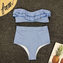 Load image into Gallery viewer, Retro Blue White Striped High Waist Bikini Lady Swimwear Women Swimsuit Female Ruffle Swim Bathing Suit  Piece Vintage High Waist Bikini Set Ruffled Swimsuits For Women Bathing Suits
