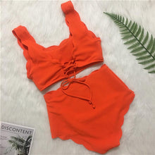 Load image into Gallery viewer, Women Solid Swimwear Female Bathing Suit Scalloped High Waist Bikini Set Two Pieces Women's Solid Color Lace-up High Waist Scoop Collar Padded Bathing Suit
