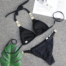 Load image into Gallery viewer, Luxury Purple Halter Crystal Diamond Bikini Female Swimsuit Women Swimwear Rhinestone Bikini Set Bathing Suit Women's Swimwear Rhinestone Halter Low Waist Tie Side Bikini Set 2 Pieces Crystal Diamond Swimsuit
