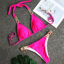 Load image into Gallery viewer, Luxury Purple Halter Crystal Diamond Bikini Female Swimsuit Women Swimwear Rhinestone Bikini Set Bathing Suit Women's Swimwear Rhinestone Halter Low Waist Tie Side Bikini Set 2 Pieces Crystal Diamond Swimsuit
