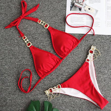 Load image into Gallery viewer, Luxury Purple Halter Crystal Diamond Bikini Female Swimsuit Women Swimwear Rhinestone Bikini Set Bathing Suit Women's Swimwear Rhinestone Halter Low Waist Tie Side Bikini Set 2 Pieces Crystal Diamond Swimsuit
