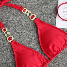 Load image into Gallery viewer, Luxury Purple Halter Crystal Diamond Bikini Female Swimsuit Women Swimwear Rhinestone Bikini Set Bathing Suit Women's Swimwear Rhinestone Halter Low Waist Tie Side Bikini Set 2 Pieces Crystal Diamond Swimsuit

