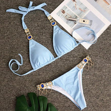 Load image into Gallery viewer, Luxury Purple Halter Crystal Diamond Bikini Female Swimsuit Women Swimwear Rhinestone Bikini Set Bathing Suit Women's Swimwear Rhinestone Halter Low Waist Tie Side Bikini Set 2 Pieces Crystal Diamond Swimsuit

