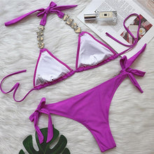 Load image into Gallery viewer, Luxury Purple Halter Crystal Diamond Bikini Female Swimsuit Women Swimwear Rhinestone Bikini Set Bathing Suit Women's Swimwear Rhinestone Halter Low Waist Tie Side Bikini Set 2 Pieces Crystal Diamond Swimsuit
