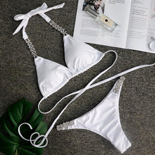 Load image into Gallery viewer, Luxury Purple Halter Crystal Diamond Bikini Female Swimsuit Women Swimwear Rhinestone Bikini Set Bathing Suit Women's Swimwear Rhinestone Halter Low Waist Tie Side Bikini Set 2 Pieces Crystal Diamond Swimsuit
