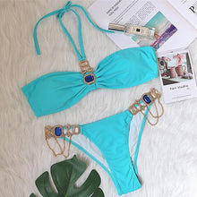 Load image into Gallery viewer, Luxury Purple Halter Crystal Diamond Bikini Female Swimsuit Women Swimwear Rhinestone Bikini Set Bathing Suit Women's Swimwear Rhinestone Halter Low Waist Tie Side Bikini Set 2 Pieces Crystal Diamond Swimsuit
