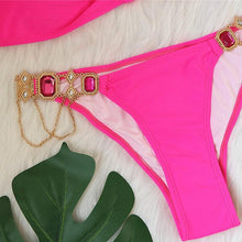 Load image into Gallery viewer, Luxury Purple Halter Crystal Diamond Bikini Female Swimsuit Women Swimwear Rhinestone Bikini Set Bathing Suit Women's Swimwear Rhinestone Halter Low Waist Tie Side Bikini Set 2 Pieces Crystal Diamond Swimsuit

