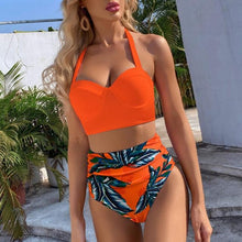 Load image into Gallery viewer, High Waist Bikini Leaf Print Swimsuit Women Push Up Swimwear Female Halter Bathing Suit Vintage Swimming Suit Women Vintage Underwire High Waist Swimsuit Two Pieces Halter Lace Up Adjustable Bikini Top
