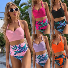 Load image into Gallery viewer, High Waist Bikini Leaf Print Swimsuit Women Push Up Swimwear Female Halter Bathing Suit Vintage Swimming Suit Women Vintage Underwire High Waist Swimsuit Two Pieces Halter Lace Up Adjustable Bikini Top
