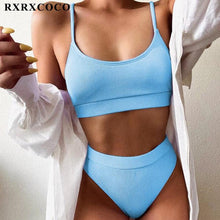 Load image into Gallery viewer, Swimwear Women Ribbed Bathing Suit Female Push Up Bikini Set Women's Bathing Suit Lace up Bikini Ribbed Two Piece Swimsuit Beachwear High Waist Bikini Women's Swimsuit

